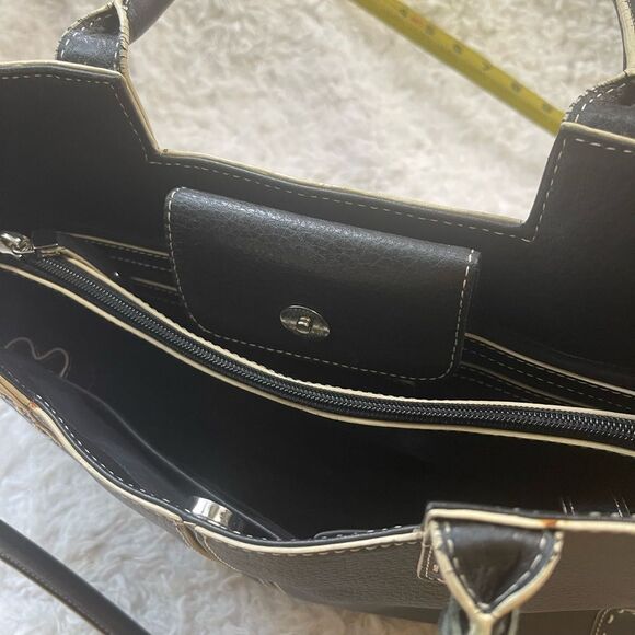 Franklin Covey Black Genuine Leather beige stitch shoulder bag tassel accent - Picture 12 of 13